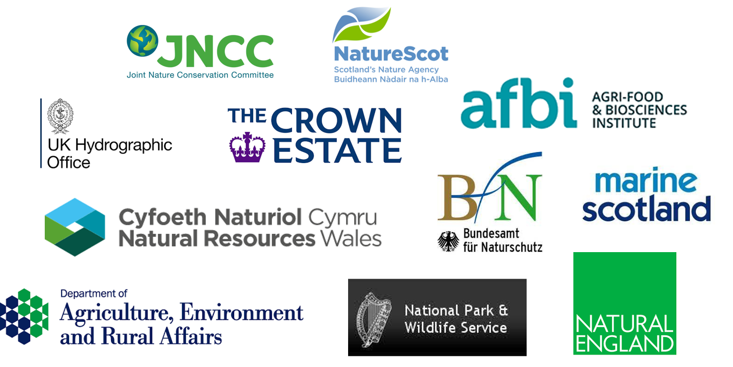 JCDP Government department logos (grouped image): JNCC, Marine Scotland Science,  DAERA,  UK Hydrographic Office,  Natural Resources Wales,  Welsh Government,  North Atlantic Marine Mammal Commission (NAMMCO),  Scottish Government, The Crown Estate,  National Parks & Wildlife Service, Bundesamt für Naturschutz / Federal Agency for Nature Conservation,  NatureScot,  Agri-Food and Biosciences Institute