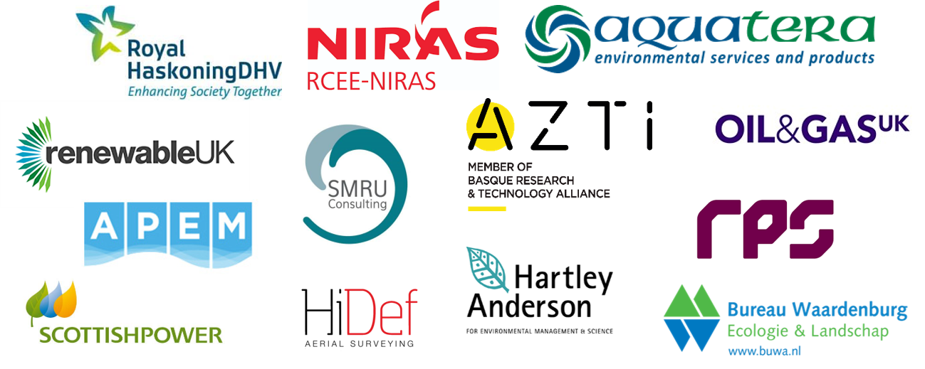 Logos of JCDP Contributors – Industry and commercial companies: HiDef,  SMRU Consulting,  RenewableUK,  Royal Haskoning, Oil and Gas UK, Hartley Anderson,  APEM Ltd, NIRAS, Aquatera, AZTI, Bureau Waardenburg / Delta Project Management,  RPS Group, Scottish Power