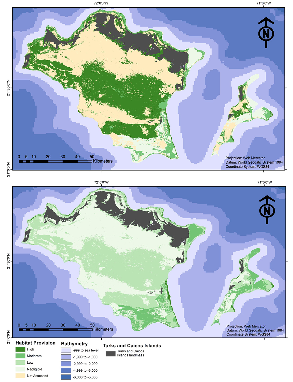 Two maps showing the relative habitat provision potential of shallow marine-coastal marine habitats of the Turks and Caicos Islands for juvenile grouper fish in the top map and adult grouper fish in the bottom map, including high, moderate, low, negligible, potential and potential not assessed.