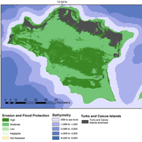A map showing the relative erosion and flood protection potential of shallow coastal-marine habitats of the Turks and Caicos Islands, including high, moderate, low, negligible, potential and potential not assessed.