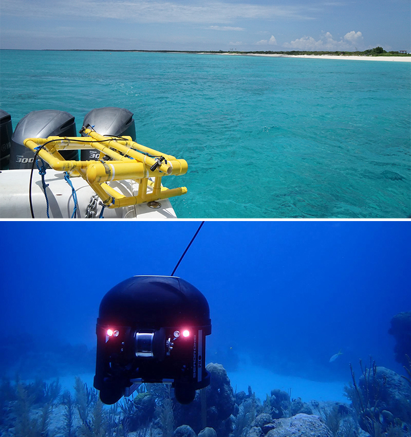 Two photos. The top photo is of a camera array on a boat (image courtesy of R. Austin). The bottom image is of an underwater drone on the seabed (image courtesy of J. van Rijn). 