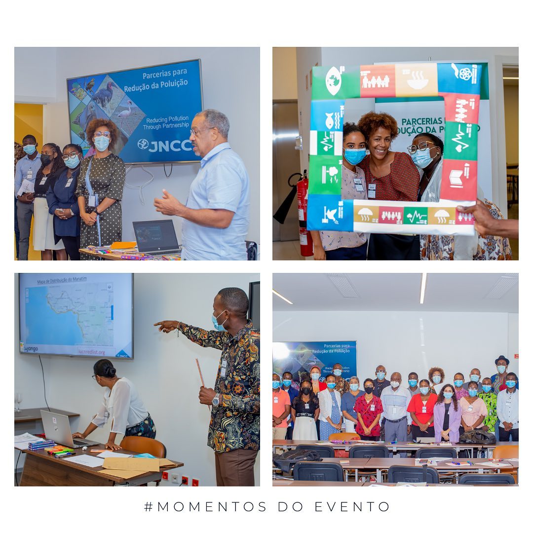 A grid of four photos showing a workshop of people presenting maps and a group photo. 