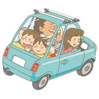 Cartoon illustration of a car with a smiling family inside.