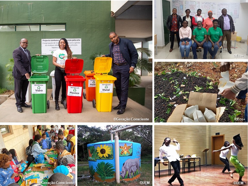 Collage of six photos showing bins to seperate waste, a group of people, children at a workshop, wastewater facilities and a performance