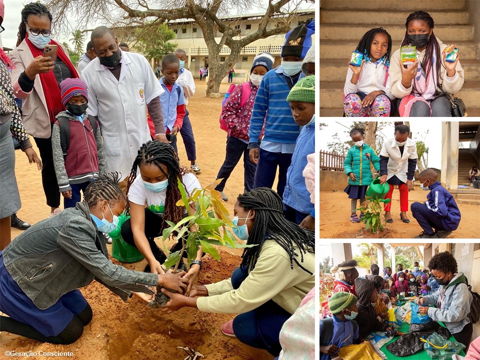 Collage of four photos showing children planting and watering a small plant
