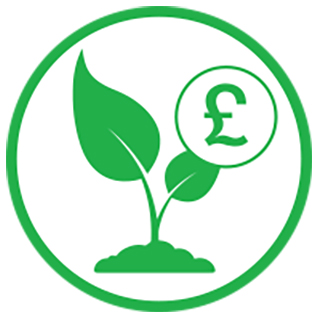 Icon for the 'Support the transition to a sustainable blue/green economy ' strategic priority of a green plant with a green pound sign in a circle as part of one of the leaves.