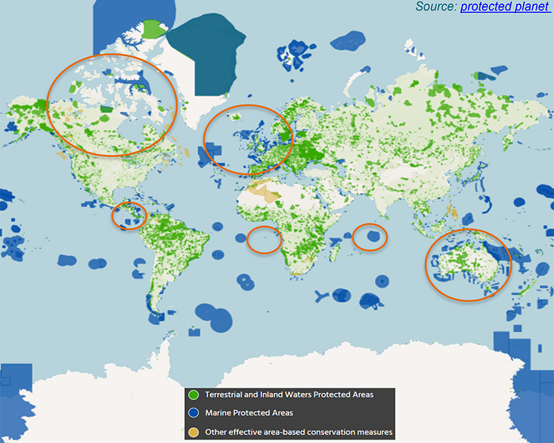 Schematic map adapted from Protected Planet to provide an overview of the geographic regions in which the MEPCA indicator has been trialled.