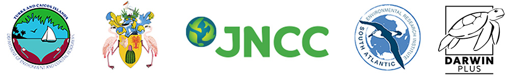 Logos of the organisations involved in the Darwin Plus 119 project: Government of the Turks and Caicos Islands, Department of Environment and Coastal Resources (DECR); South Atlantic Environmental Research Institute (SAERI), JNCC, alongside the Darwin Plus logo