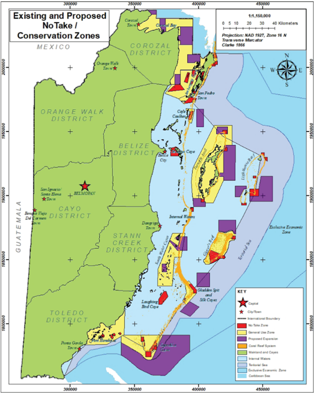 © This map shows Belize’s PA network including the PA expansion areas that are currently being designated. The overlap of protected areas with Nassau Grouper and Species Protection sites, Spawning Aggregation Reserves and coral reefs can also be seen (The Commonwealth Blue Charter, 2020) 