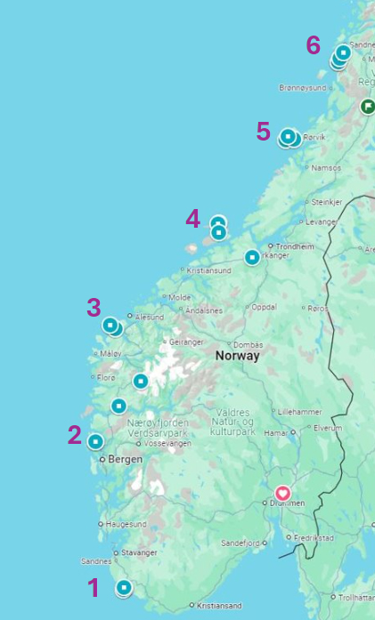 Map of Norway showing the locations of six heathland sites along the coast where plant and soil samples were collected