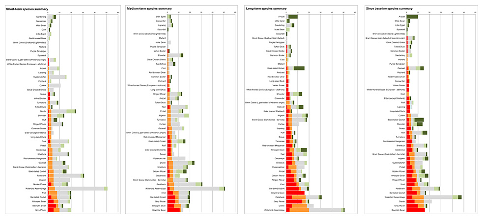 Figure 2 Alert status of waterbird species within SPAs assessed in the short-, medium- and long-term and since the SPA baseline period. Each bar represents one species in each SPA where it is a designating feature