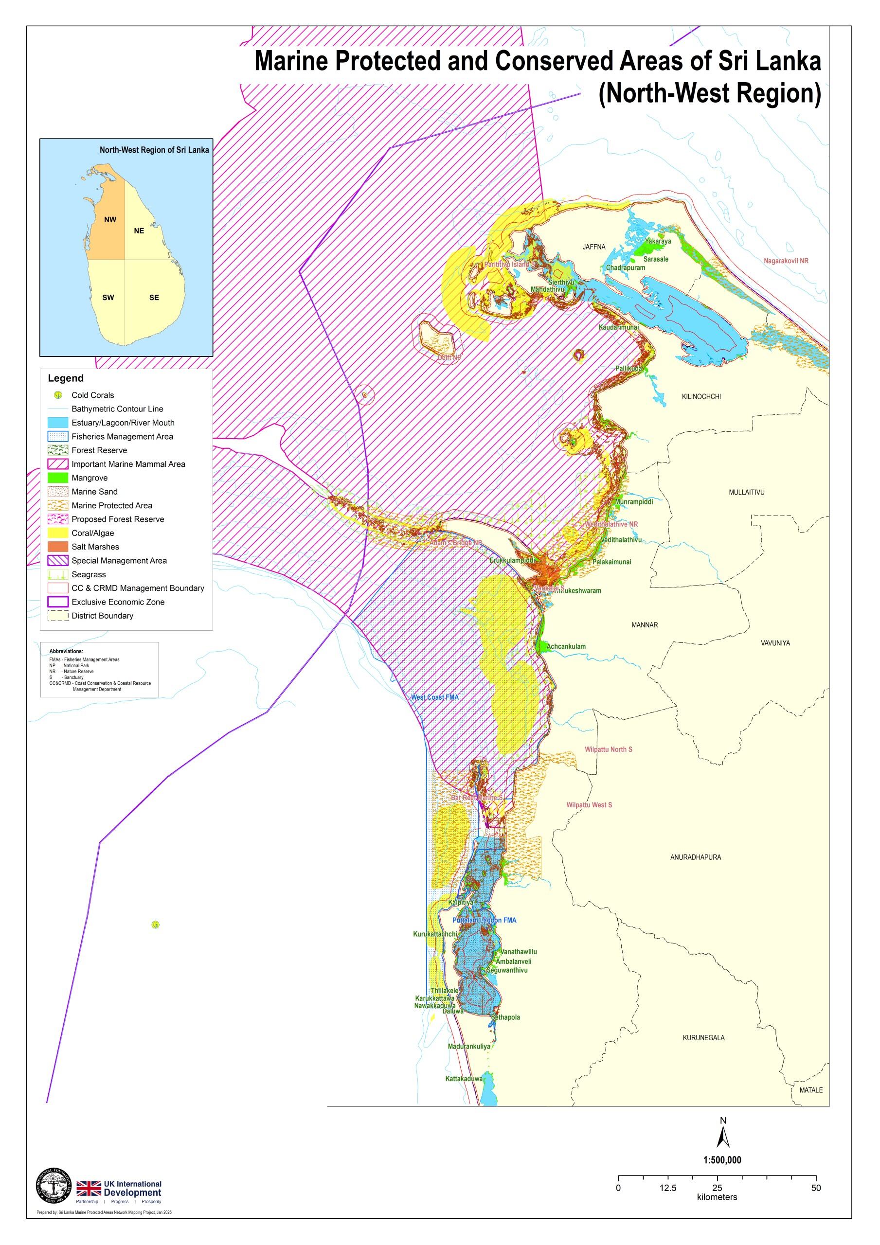 Map showing the marine protected and conserved areas of the North-West Region of Sri Lanka