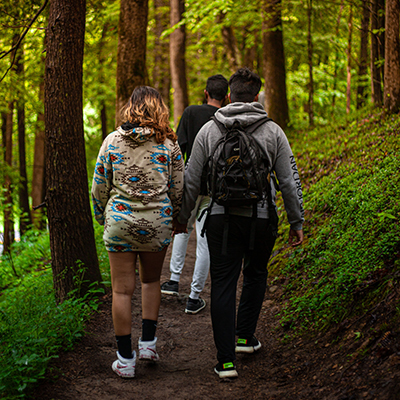 Photograph of three people walking on a path in woodland. The people are walking away from the camera.