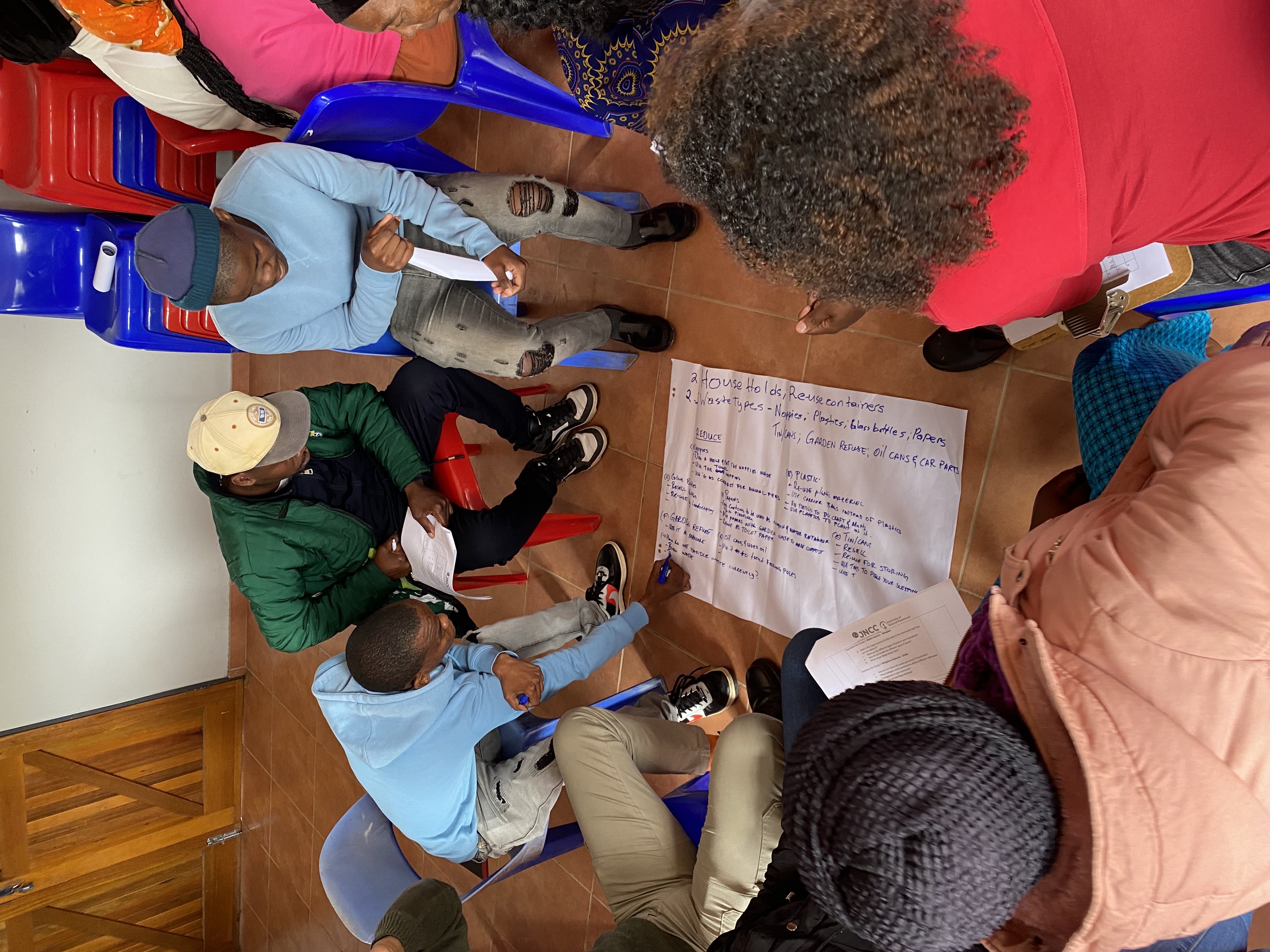 People gathering around a hand written poster during a workshop 